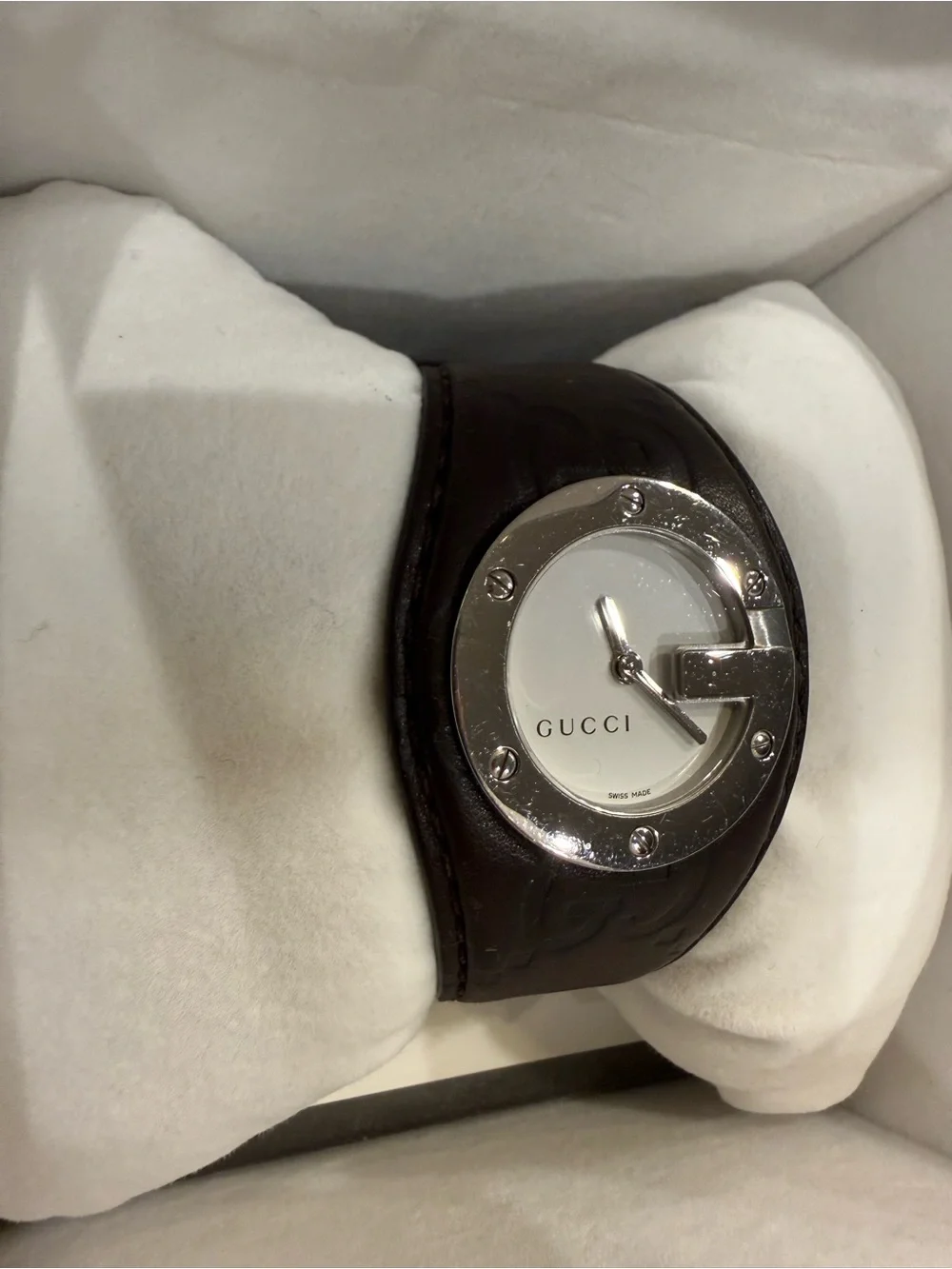 Gucci Women's Dark Brown Leather Strap Watch with Silver-Tone Bezel